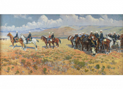 MARIANO BERTUCHI (Granada, 1885-Tetu&aacute;n, 1955)  Escena militar.   &Oacute;leo sobre lienzo. 