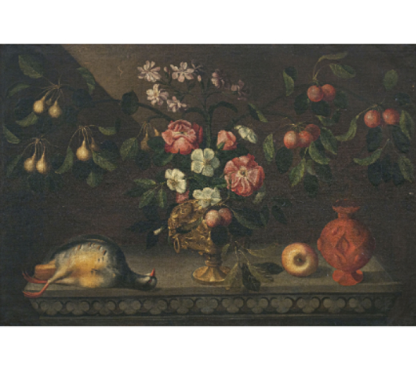 BERNARDO POLO (pintor activo en Zaragoza en el tercer cuarto del siglo XVII)  Bodeg&oacute;n con jarr&oacute;n de flores y frutas, perdiz y b&uacute;caro sobre un pedestal de piedra   &Oacute;leo sobre lienzo.