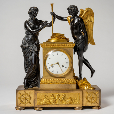 Reloj franc&eacute;s Imperio de sobremesa en bronce dorado y bronce pavonado del siglo XIX