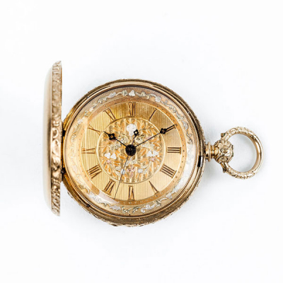 Excelente reloj saboneta de bolsillo, suizo, Nº 343, fabricado para el detallista de Málaga CARLOS PAUR, en oro amarillo 18 K, Escape DUPLEX, 8 rubíes.