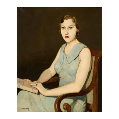 Rafael Durancamps Folguera (Sabadell, Barcelona, 1891-Barcelona, 1979)  Dama con carmín.  Óleo sobre tela 