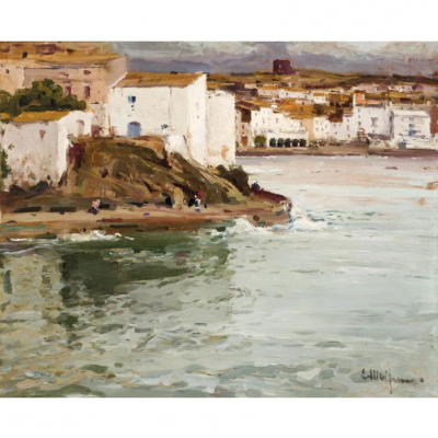 Eliseo Meifr&eacute;n. "Vista de Cadaqu&eacute;s". &Oacute;leo sobre tabla. Firmado en el &aacute;ngulo inferior derecho. Al dorso etiqueta de Barrachina &amp; Ramoneda.