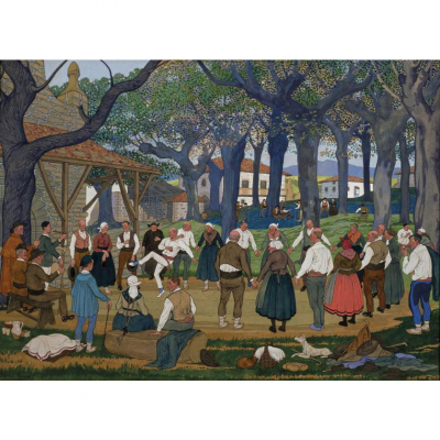 José Arrúe. &quot;Danzas vascas&quot;. Gouache sobre papel. Firmado en el ángulo inferior izquierdo.
