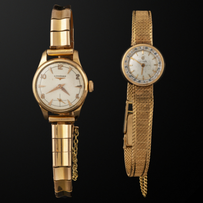 &quot;Longines y Cyma&quot; Conjunto de dos relojes de Dama en oro amarillo de 18 Kt.