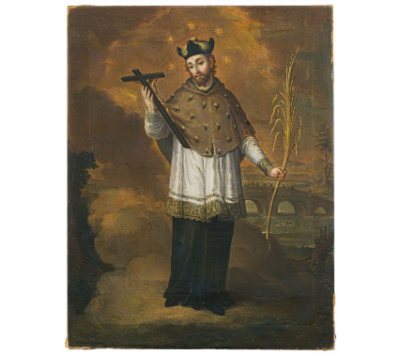 JOS&Eacute; CAMPECHE JORD&Aacute;N (San Juan, 1751-1809)  San Juan de Nepomuceno sobre un paisaje.   &Oacute;leo sobre lienzo. 