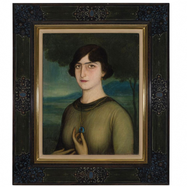 Julio Romero de Torres. &quot;Retrato de la Señora de Varela&quot;. Óleo y temple sobre lienzo. Firmado en el ángulo inferior izquierdo.