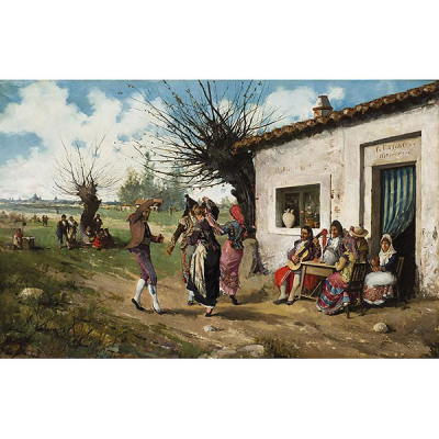 Ángel Lizcano.  (1846 - 1929)   &quot;Baile en el merendero de la Tía Cotilla&quot;. Óleo sobre lienzo. Firmado y fechado (71)
