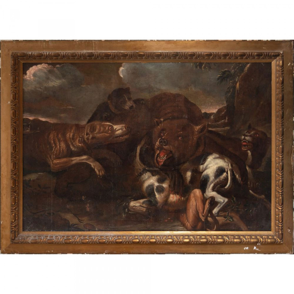 Enganche del Oso, escuela flamenca del siglo XVII, círculo de Paul de Vos (Amberes, h. 1591/1595-1678).   Óleo sobre lienzo