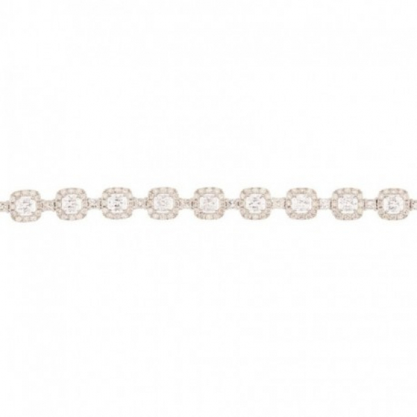 Pulsera en oro blanco diseño rosetones con centro y entrepiezas de diamantes talla princesa