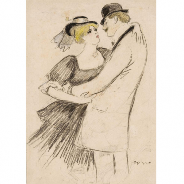 Ricardo Opisso. "Pareja". Dibujo a lápiz sobre papel. Firmado en el ángulo inferior derecho.