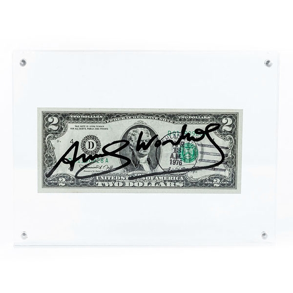 Billete de 2$ americanos firmado por el artista &#039; pop art &#039; Andy Warhol, 1976