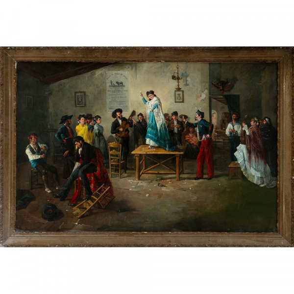 "Escena de taberna andaluza" Escuela costumbrista española. Siglo XIX.   Óleo sobre lienzo.