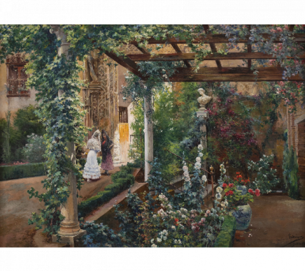 MANUEL GARCÍA Y RODRÍGUEZ (Sevilla, 1863-1925).  Damas vestidas de majas en los jardínes del Alcázar de Sevilla.   Óleo sobre lienzo. 