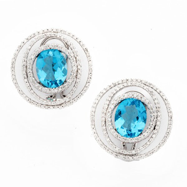Pendientes en oro blanco con topacio azul central y diamantes talla brillante