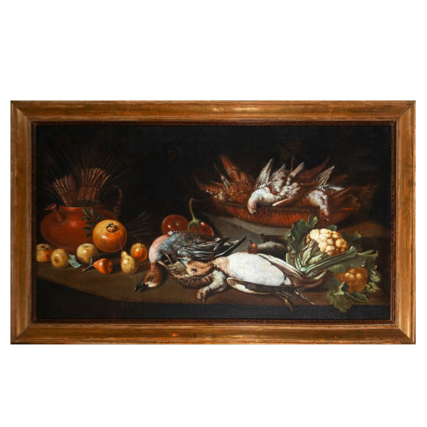 "Bodeg&oacute;n de caza menor y frutos" atribuido a Antonio Ponce, Escuela Madrile&ntilde;a, Siglo XVII.  &Oacute;leo sobre lienzo. 