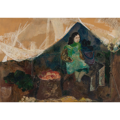 MARÍA ANTONIA  DANS BOADO   (Oza de los Ríos, La Coruña 1922- Madrid 1988)  &quot;Vendedora de frutas&quot;  Firmado: Dans  Mixta / Tabla 