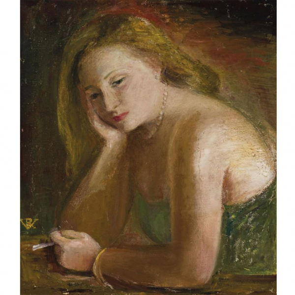 Rosario de Velasco.   &quot;Mujer fumando&quot;. Óleo sobre lienzo. Firmado 