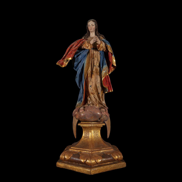 OBRADOR DE PEDRO DE MENA - Posiblemente Andrea (1654-1734) y Claudia de Mena (1655-?) - Importante Virgen Inmaculada en Gloria de gran tamaño.   Trabajo Granadino del siglo XVIII. 