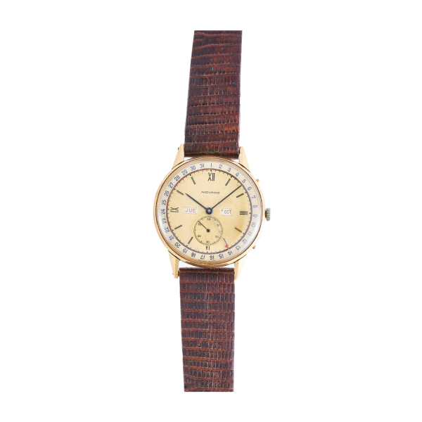 Reloj Movado triple calendario de pulsera unisex. En oro y correa de piel no original, c.1950.