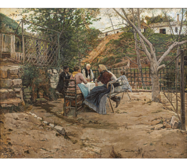 SANTIAGO RUSIÑOL Y PRATS (Barcelona, 1861-Aranjuez, Madrid, 1931)  La Cargolada.   Óleo sobre lienzo.   