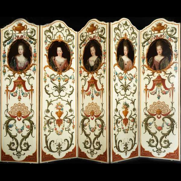 Excepcional Lote de 5 Paneles de Boiserie pintados sobre lienzo y montados en Biombo, Trabajo Francés del siglo XVIII, período Luis XVI
