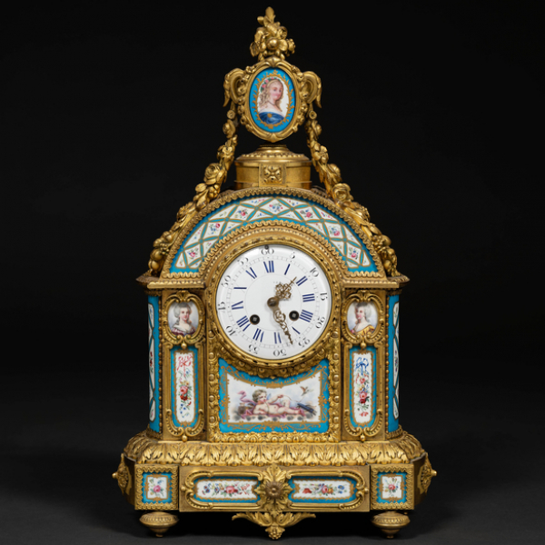 Reloj de sobremesa francés estilo Luís XVI con placas en porcelana estilo Sévres y bronce dorado. Trabajo Francés, Siglo XIX