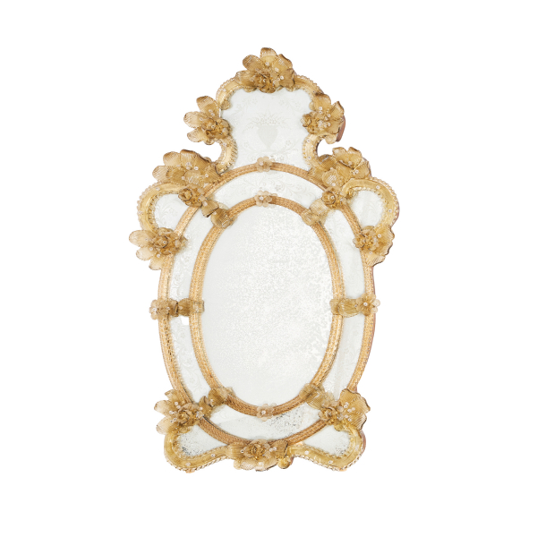 Espejo veneciano en cristal de Murano con aplicaciones rizadas y de motivos florales, c.1900-1920.