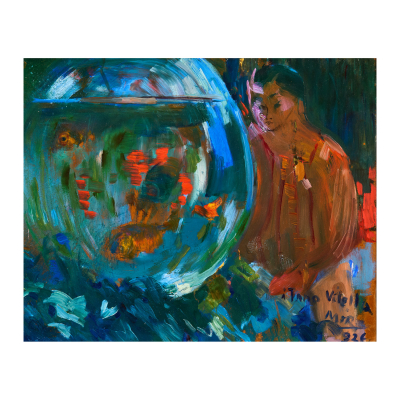 Joaquim Mir Trinxet (Barcelona, 1873-1940)  Niña oriental contemplando los peces de colores.  Óleo sobre tabla. Firmado 