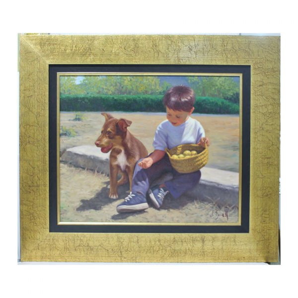 José Borrell (Alcoy, 1969)  Niño con perro.  Óleo sobre tela. Firmado. 