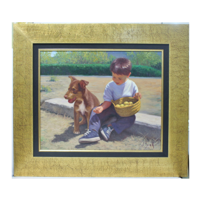 José Borrell (Alcoy, 1969)  Niño con perro.  Óleo sobre tela. Firmado. 