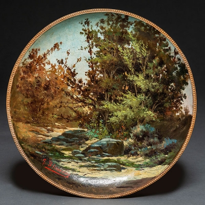 &quot;Paisaje con rocas y árboles&quot; Plato circular en cerámica pintado al óleo del siglo XIX JULIO BLANCAS Y RUIZ (1867 -1929)