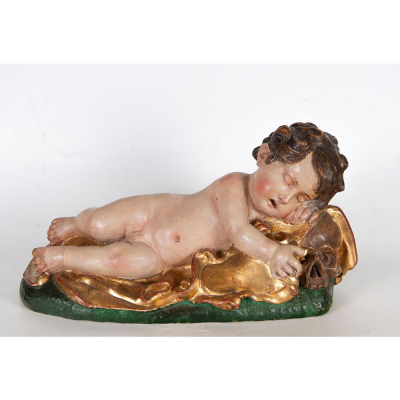 Ni&ntilde;o Jes&uacute;s Dormido, Giovanni Battista Morelli (Roma, ? &ndash; Madrid, 1669), Escuela Italiana del siglo XVII.   En terracota policromada