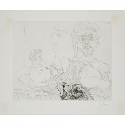 Pablo Ruiz Picasso.   &quot;Vieja modelo posa como la joven odalisca. La doble mirada del pintor (1970)&quot;. Aguafuerte sobre papel Rives. 