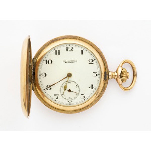 Reloj de bolsillo Cronometre Engreval de 3 tapas en metal dorado, esfera blanca y números árabes.