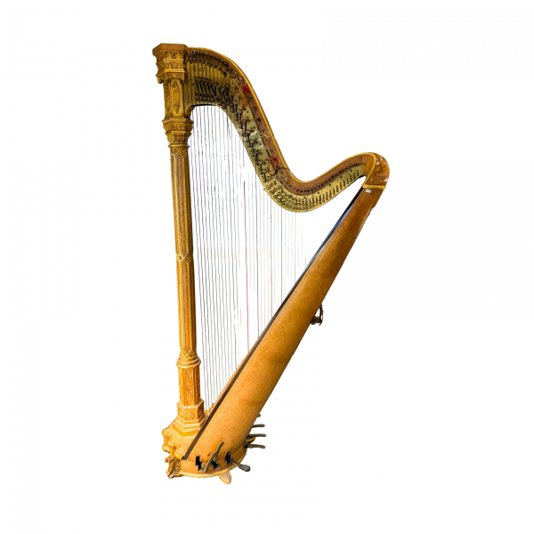 Arpa francesa Erard (París, 1752-1831) en madera tallada y dorada con columna y capitel de estilo neogótico de tipo arquitectónico, s.XIX.