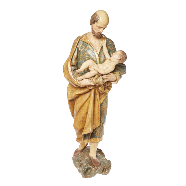 Escuela napolitana, s.XVIII. San José con el Niño. Escultura en madera tallada policromada y dorada.
