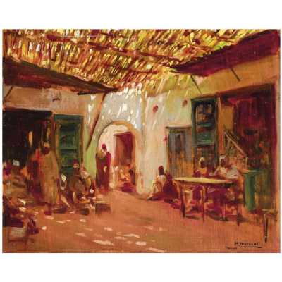 Mariano Bertuchi Nieto.  "Patio de Tetu&aacute;n". &Oacute;leo sobre tabla. Firmado y localizado (Tetu&aacute;n) en el &aacute;ngulo inferior derecho.