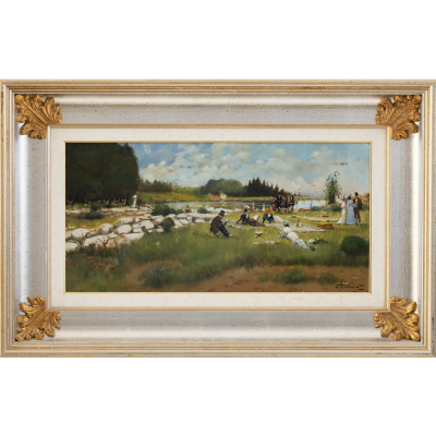 &quot;Día de merienda en el campo&quot;.  Escuela Española del siglo XX.   Técnica: Óleo/Tabla