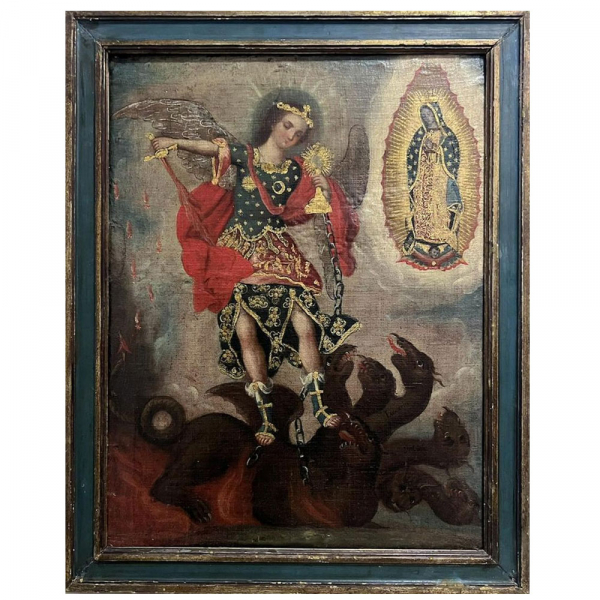 "San Miguel Arc&aacute;ngel vencedor del demonio y protector de la Virgen de Guadalupe". Escuela virreinal. Siglo XVIII.    &Oacute;leo sobre lienzo.