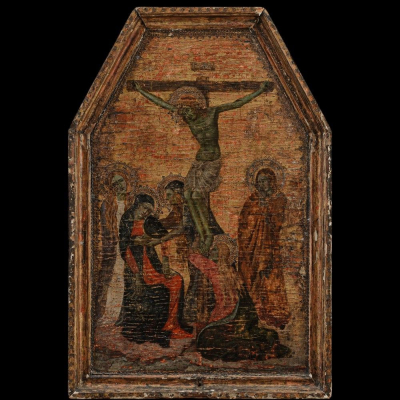 "Las tres Mar&iacute;as junto a la Cruz"  Calvario italiano sobre tabla siglo XVII - XVIII Siena o Veneto 