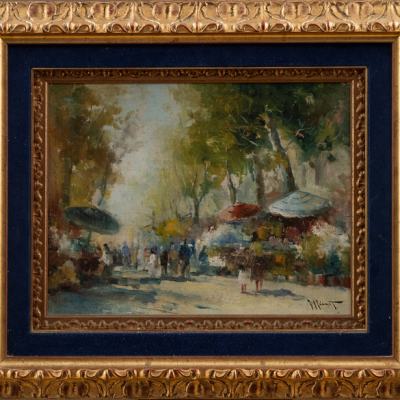 &quot;Ramblas de Barcelona&quot;.  JUAN RICART (Malgrat de Mar, 1914-1985). Técnica: Óleo/Cartón