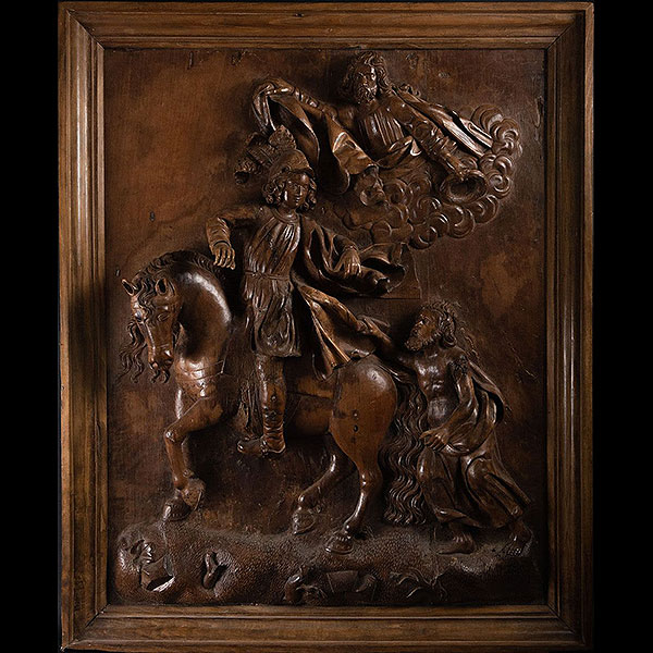 Muy Importante Gran relieve en madera de roble de San Martín a Caballo, escuela Renacentista Alemana del siglo XVI.