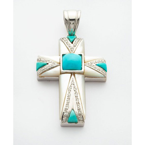 Cruz en oro blanco con 5 turquesas y diamantes talla brillante.