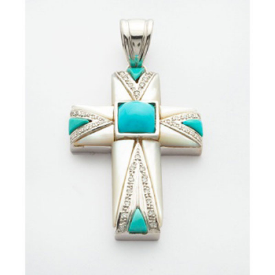 Cruz en oro blanco con 5 turquesas y diamantes talla brillante.