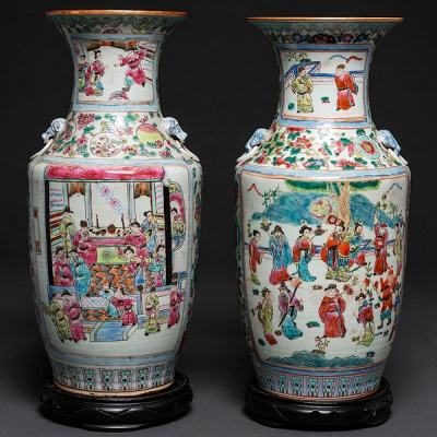 Pareja de jarrones chinos en porcelana familia rosa. Trabajo Chino, Siglo XIX