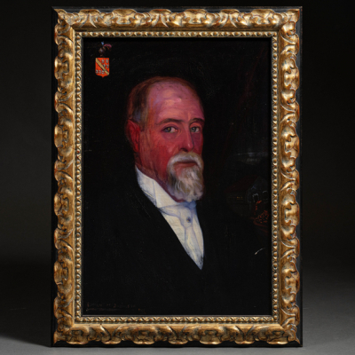 &quot;Retrato de D. Benigno Arrizabalaga con caserío de fondo y escudo e armas&quot;  RAMÓN DE ZUBIAURRE (Garay, 1882 - Madrid, 1969) 