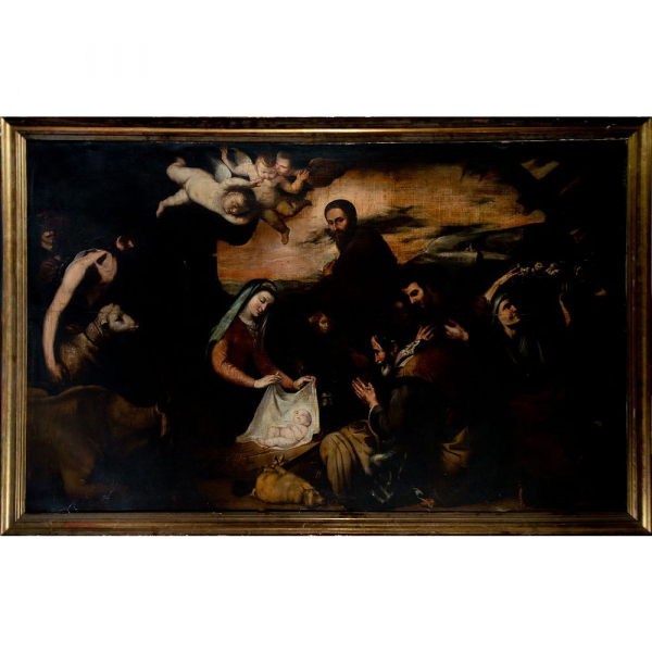 Importante "Adoración de Pastores" versión de taller de José de Ribera, escuela Napolitana del siglo XVII.   Óleo sobre lienzo. 