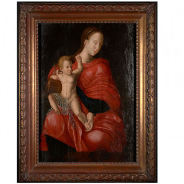 Manera de Joos van Cleve "Virgen con el Niño vestida de rojo" siglo XVI.   Óleo sobre tabla.
