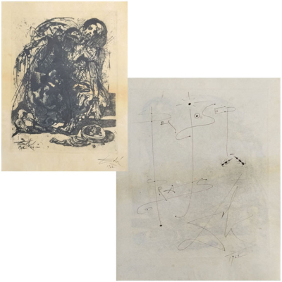 Salvador Dal&iacute; "Figura encadenada". Grabado sobre pergamino firmado y fechado 1962. Dibujo, dedicatoria y firma al dorso.