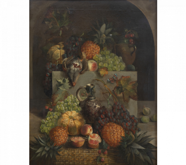 ESCUELA NEERLANDESA, SIGLO XIX Bodegón con frutas y naturaleza muerta en una hornacina